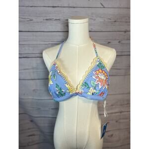 NWT Floral Bikini Top Large Blue Multicolor Crochet Trim Swimwear